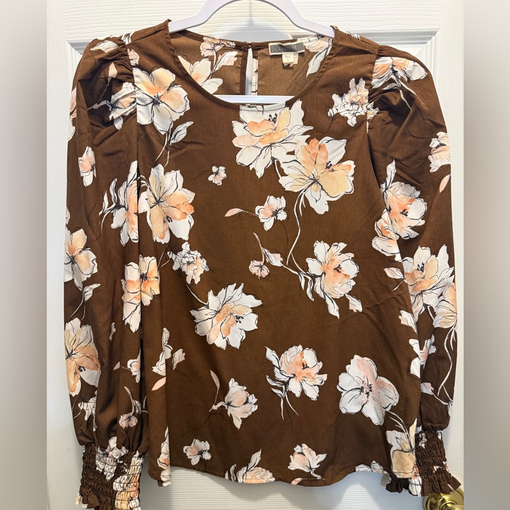 ☀️ Pleione Brown Floral Puff-Sleeve Blouse